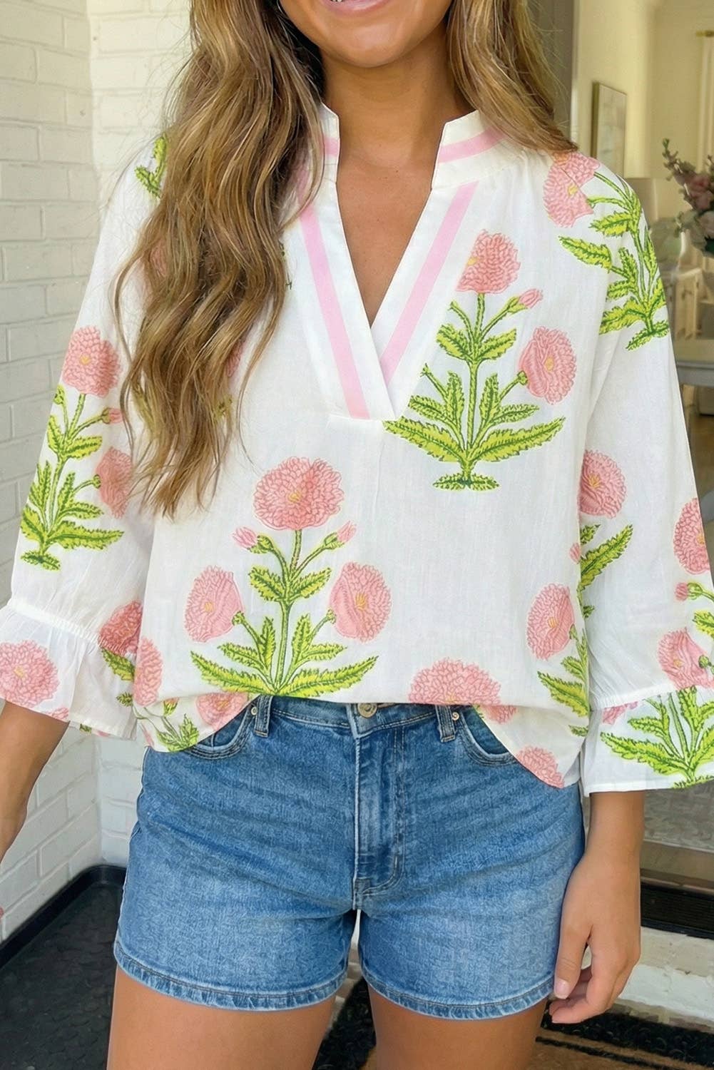 Flower Print V Neck Blouse